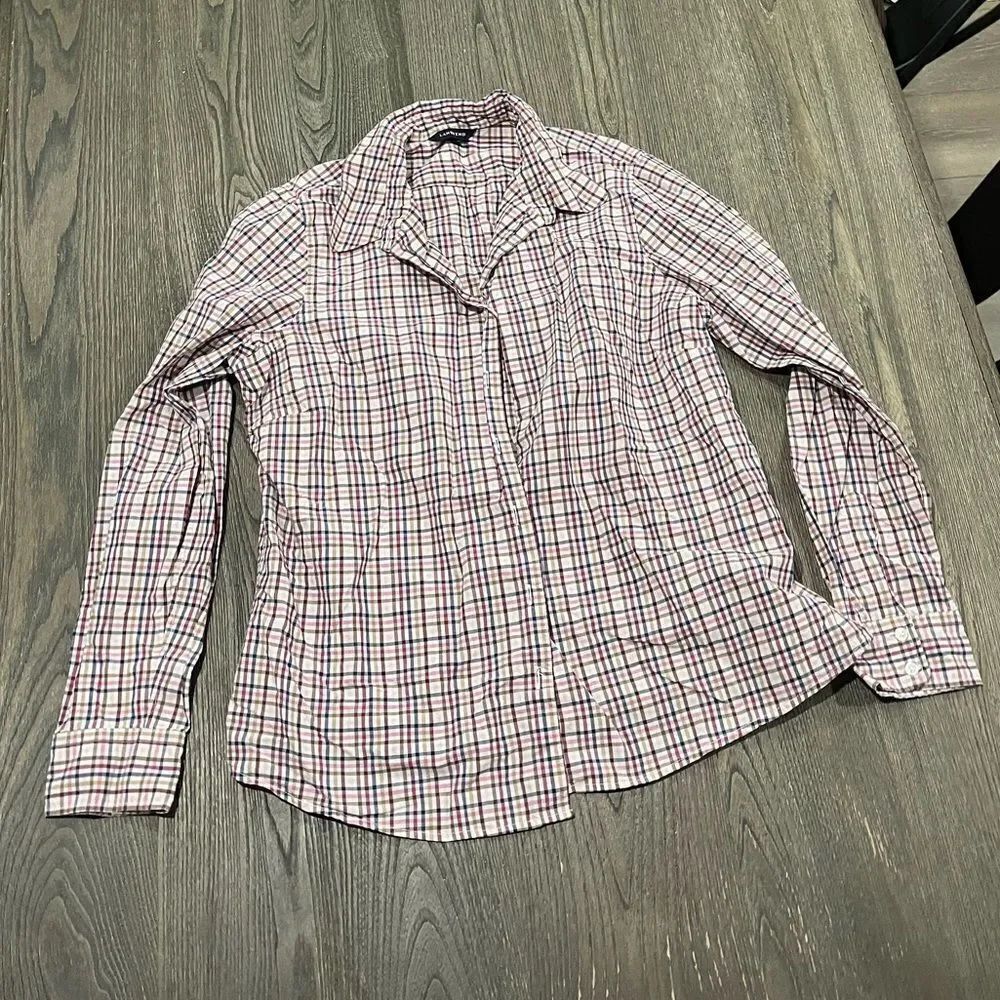 Lands End Girls Pink Blue Plaid Button Front Long Sleeve Shirt Size 14-16